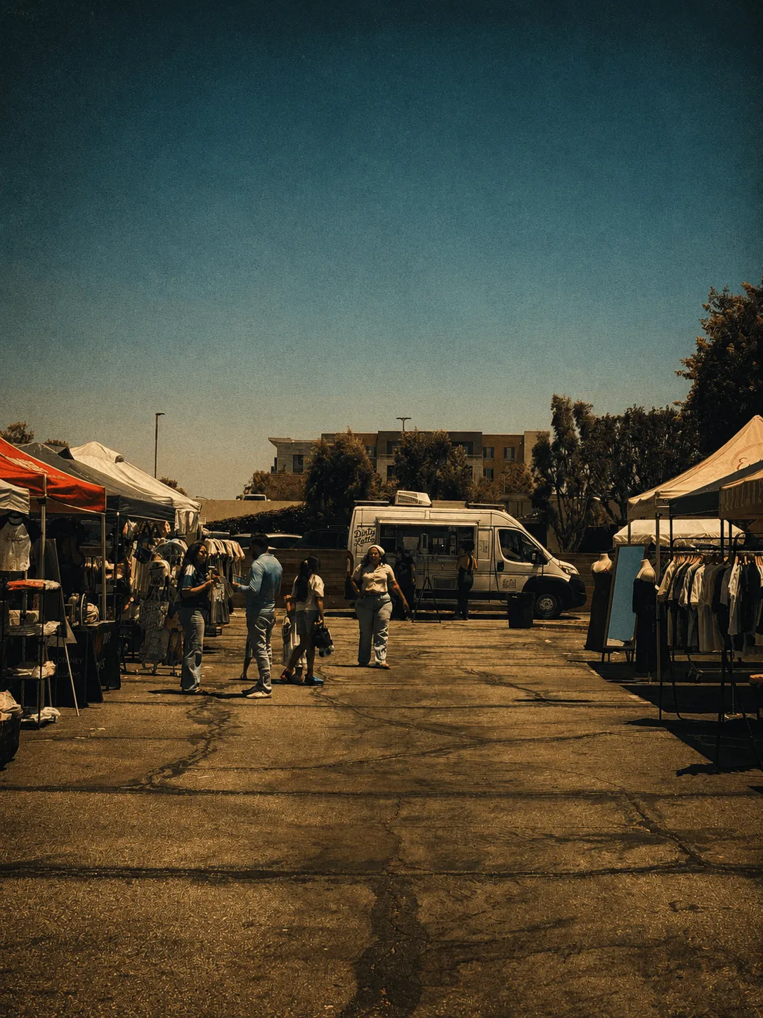 Un mercado al aire libre del sur de California a plena luz del día, con puestos a lo largo del andador