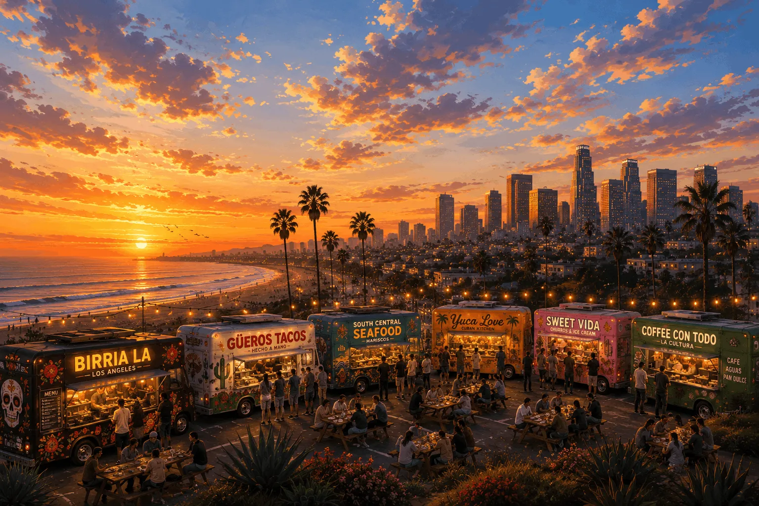 A lively Los Angeles street food market under a bright blue sky