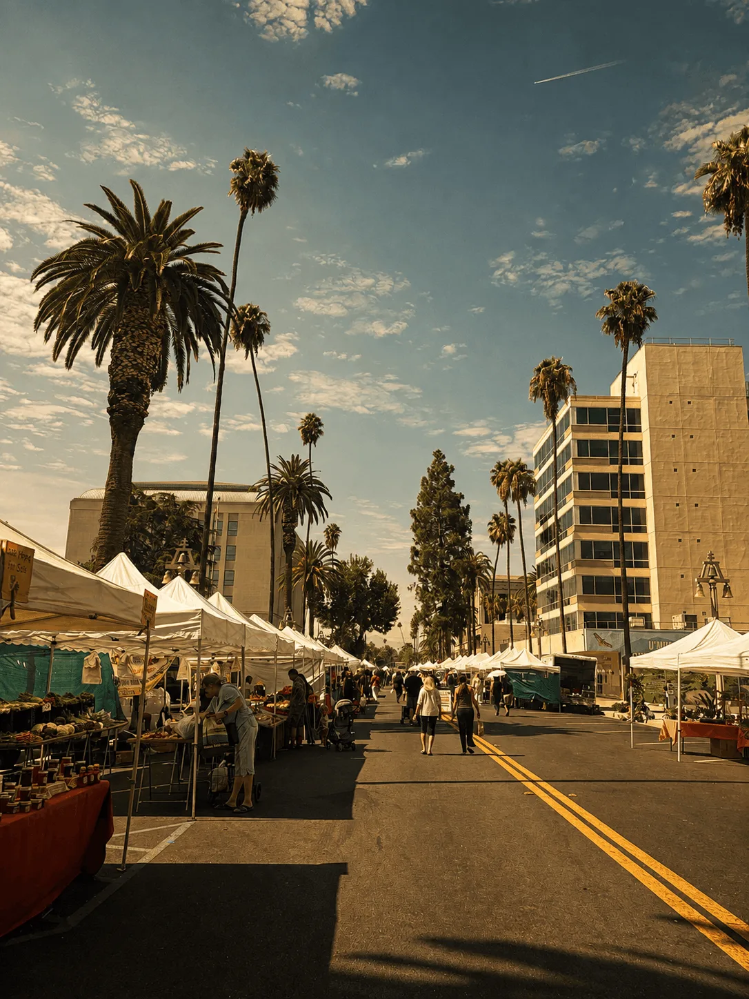 Filas de carpas de vendedores en una calle bordeada de palmeras cerrada al tráfico, mercado de Riverside en el centro, California