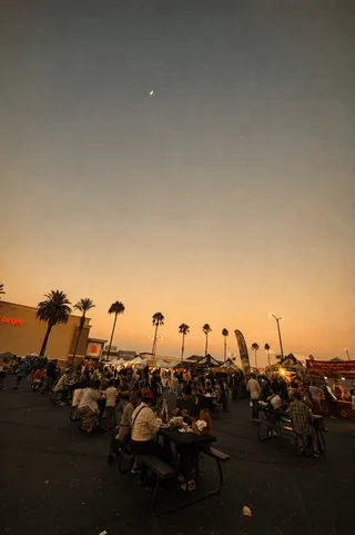 Crowd at Angel City street food market at golden hour